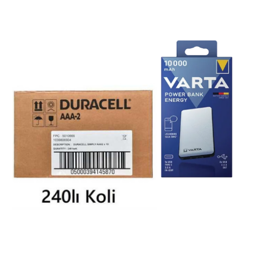 240lı Koli Duracell Simply AAA Alkalin İnce Pil  Varta Energy 10.000Mah Powerbank Hediyeli  resmi