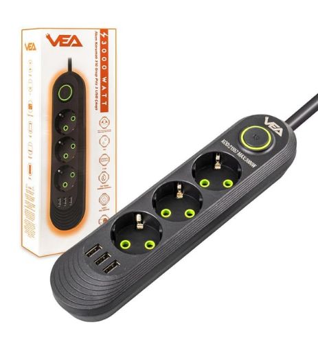 Vea 3 Priz 3 Usb Siyah Akım Korumalı Priz resmi